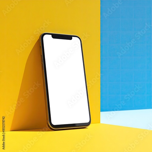 Smartphone on a yellow and blue background.  Blank screen