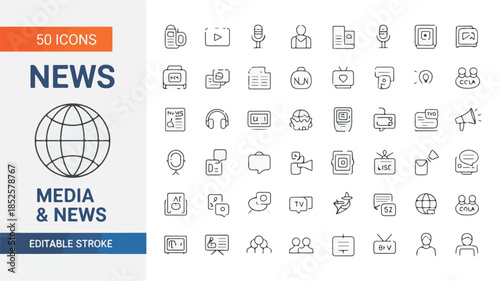 Collection of 50 minimalist line art icons for media and news, representing communication, broadcasting, and information dissemination
