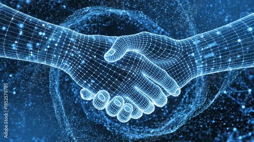 Futuristic digital handshake formed by glowing blue polygonal wireframe lines and connected nodes, symbol of artificial intelligence collaboration and human technology partnership