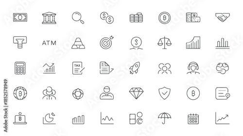 Modern collection of 50 minimalist line art vector icons for finance, banking, business, and economic applications, perfect for digital projects