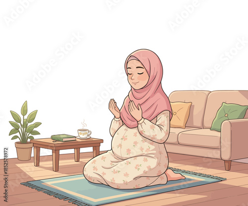 Pregnant Woman In Soft Pink Hijab Praying At Home On Rug With Tea And Cozy Sofa