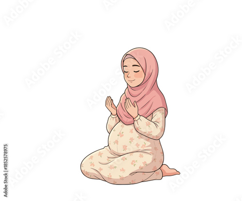 Illustration Pregnant Woman In Soft Pink Hijab Praying At Home