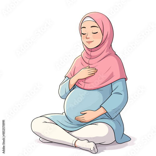 Pregnant Muslim Woman in Pink Hijab and Blue Dress, Sitting Calmly with Baby Bump