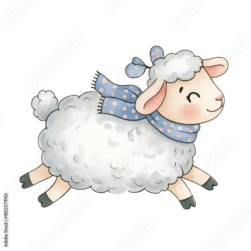 Happy White Woolly Lamb Character Design Watercolor Style Illustration