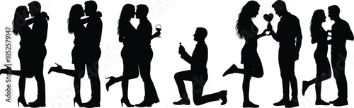 Romantic couple silhouette set showing love proposal kissing heart gesture wine celebration isolated on white background illustration vector art design