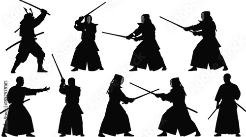 Samurai and kendo warrior silhouette collection showing sword fighting stances, Japanese martial arts combat poses isolated black figures