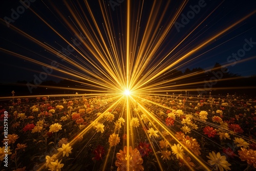 Golden Explosion with Light Rays and Flowers at Night