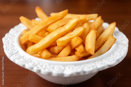 Golden French Fries in a White Decorative Bowl