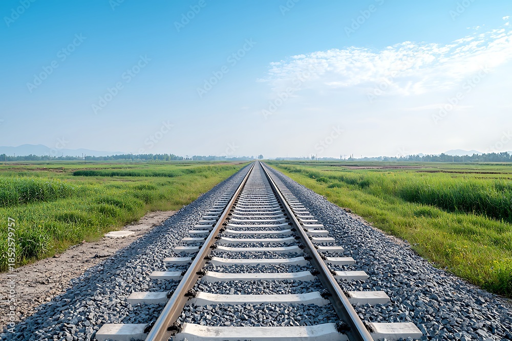 Fototapeta premium Serene Railroad Tracks Leading Into Clear Blue Sky Over Lush Green Landscape