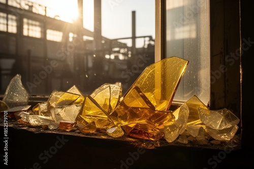 Golden Glass Fragments In Sunlight Through Factory Window