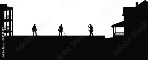 Silhouette of construction workers on a residential building site, professional contractors working on a house roof under a clear sky.