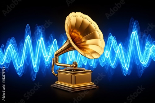 Golden Gramophone with Blue Energy Wave Abstract Digital Art