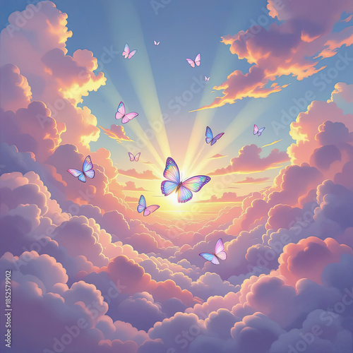 Butterflies fly over clouds as the sun sets in a colorful sky with rays of light