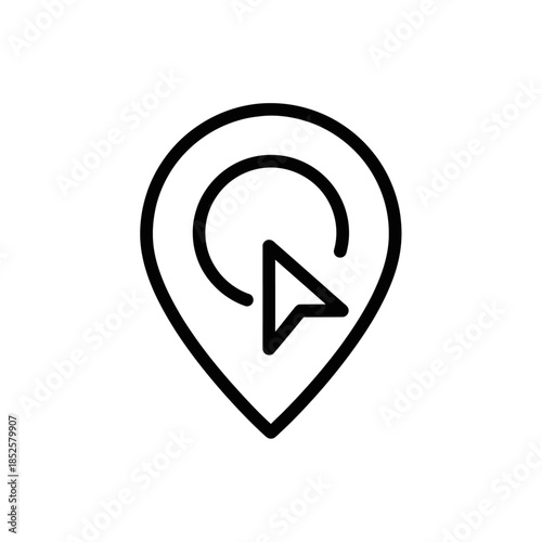 Black line art icon of location pin with mouse cursor pointing.