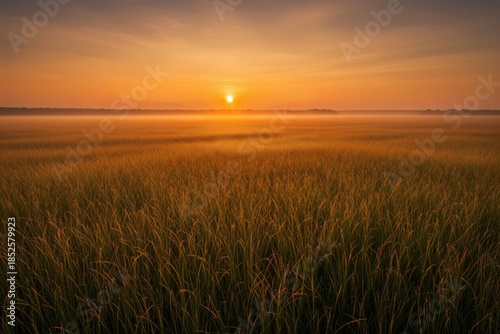 Golden Hour Sunset over Serene Grass Field