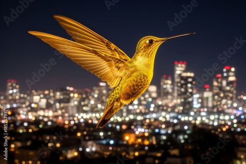 Golden Hummingbird Soaring Over Illuminated City at Night
