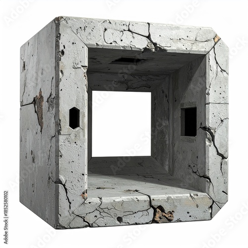 A weathered, gray concrete cube, hollowed out