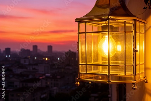 Golden Lantern Illuminates Cityscape at Sunset