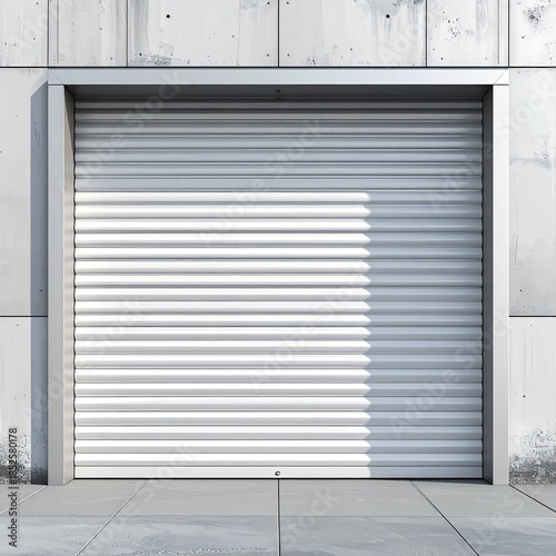 Modern, light gray metal garage door, mounted on a concrete wall