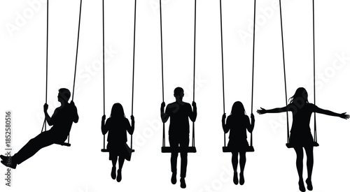 Silhouette of human life cycle stages from childhood to old age and diverse people holding hands for community and inclusion