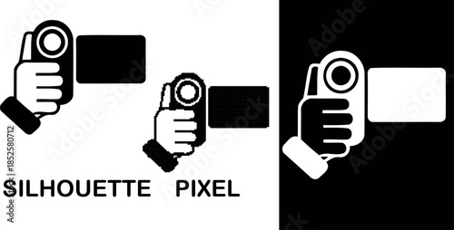 A hand silhouette holds a camcorder pixelated vector graphic design