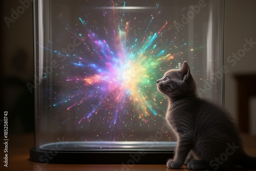 Gray Kitten Gazing at a Colorful Explosion Inside a Glass Enclosure