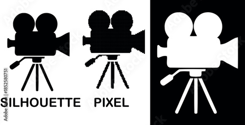 A vintage movie camera on a tripod a silhouette pixel vector design