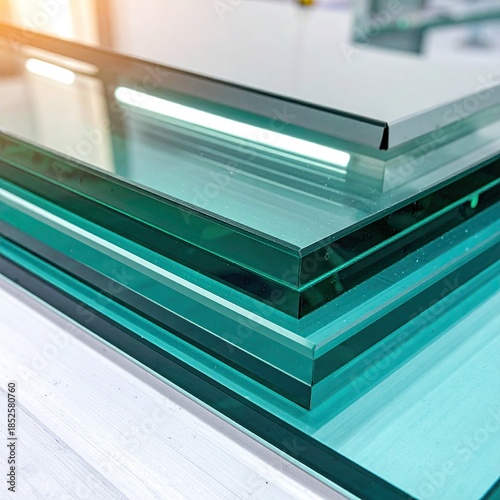 Stacked sheets of teal-colored glass, likely tempered or laminated, reflecting light