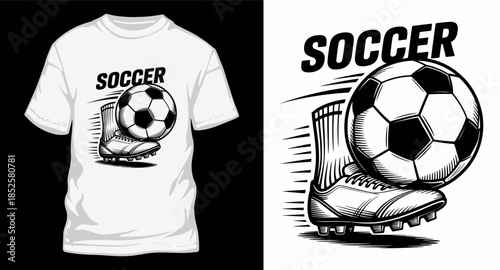 Soccer t-shirt design with detailed football boot and ball illustration in black and white style