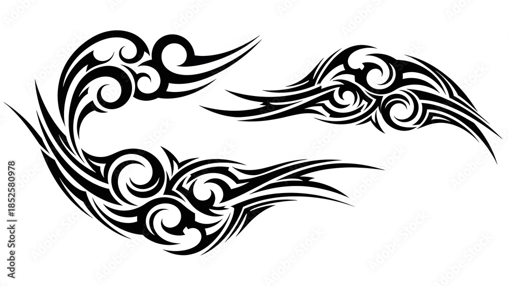 Fototapeta premium Abstract Tribal Wing Ornament Black Silhouette Vector Illustration, Tattoo Style Ethnic Flame Curve Design Isolated on White Background