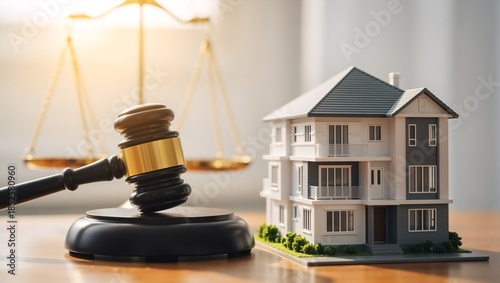 judge's gavel, scales of justice and modern residential building model on the table, concept of legal support for transactions and litigation.