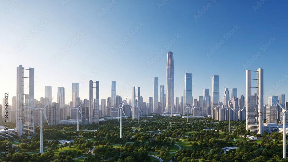 Fototapeta premium Futuristic sustainable smart city skyline with copy space in blue sky for 2026 technology