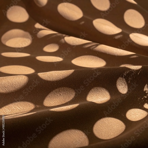 Brown fabric with light-colored polka dots, draped, showing shadows