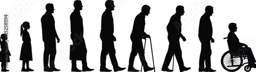 Silhouette of human life cycle stages showing aging process from childhood to old age with walking stick and wheelchair user