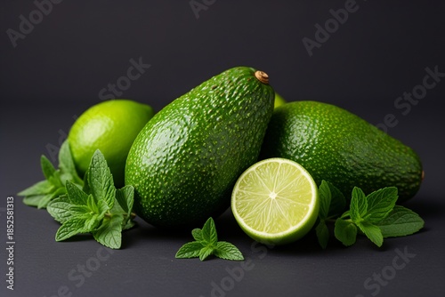 Green Avocados and Limes with Herbs on Black Ba​​ckground