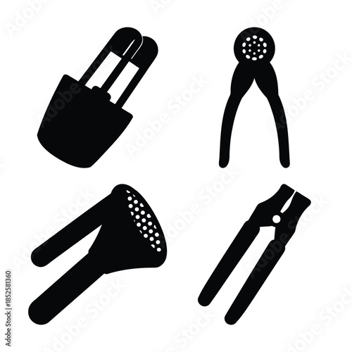 Kitchen tools set: garlic presses and nutcrackers silhouettes