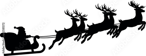Silhouette of santa in sleigh with reindeer