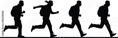 Silhouette of people running with backpacks for travel and outdoor recreation featuring active lifestyle with pet care and swing play