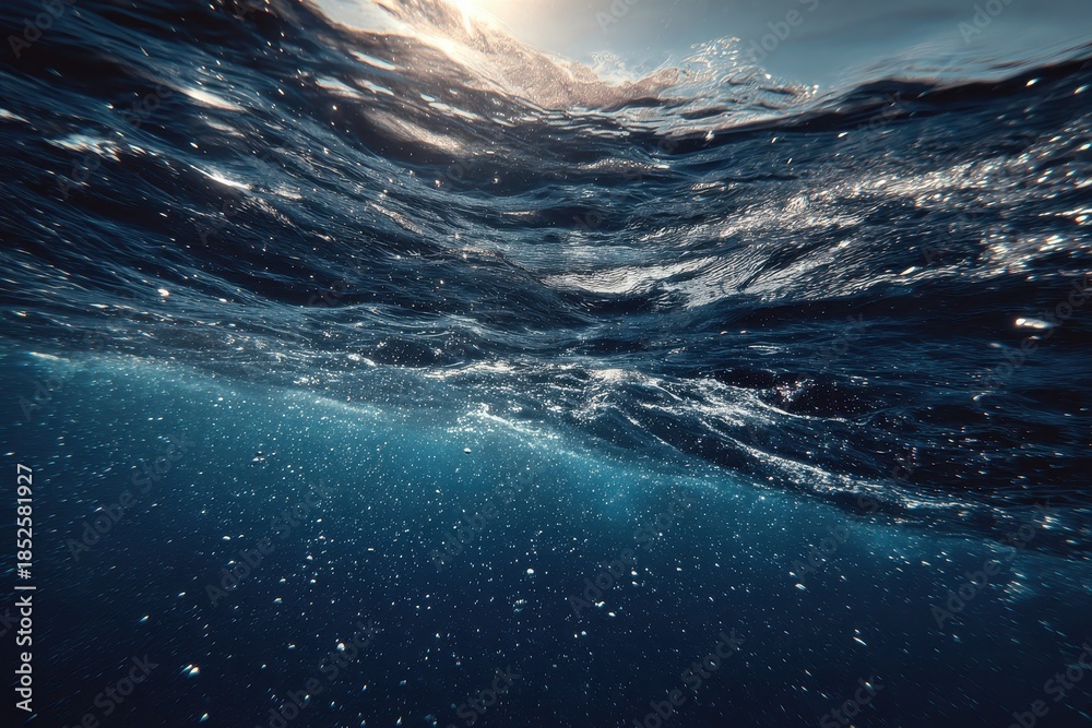 Fototapeta premium Underwater view of shimmering waves and bright sea surface during a quiet afternoon