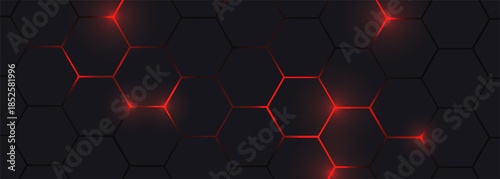 Hexagon technology black and red colored honeycomb abstract background. Wide vector illustration