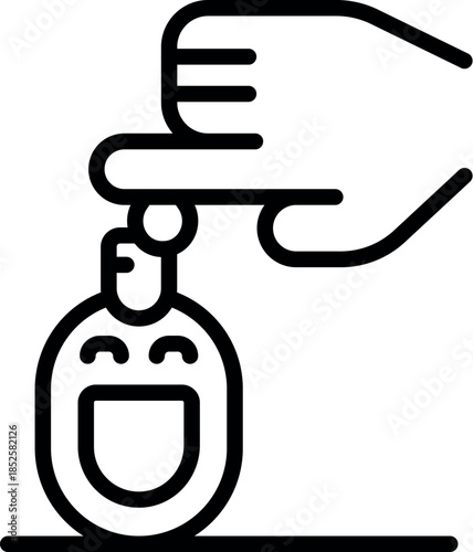 Hand pushing dispenser of aromatic liquid soap with smiling face icon, promoting hand hygiene and germ prevention