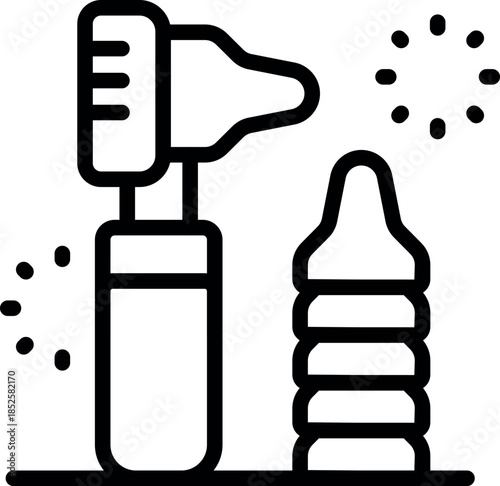 Nasal aspirator and mucus container standing on a surface, cleaning a baby nose