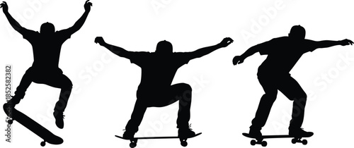 Skateboarding silhouettes, ollie trick, skateboard jump, dynamic motion, landing posture, extreme sport, balance, coordination, youth culture, urban lifestyle