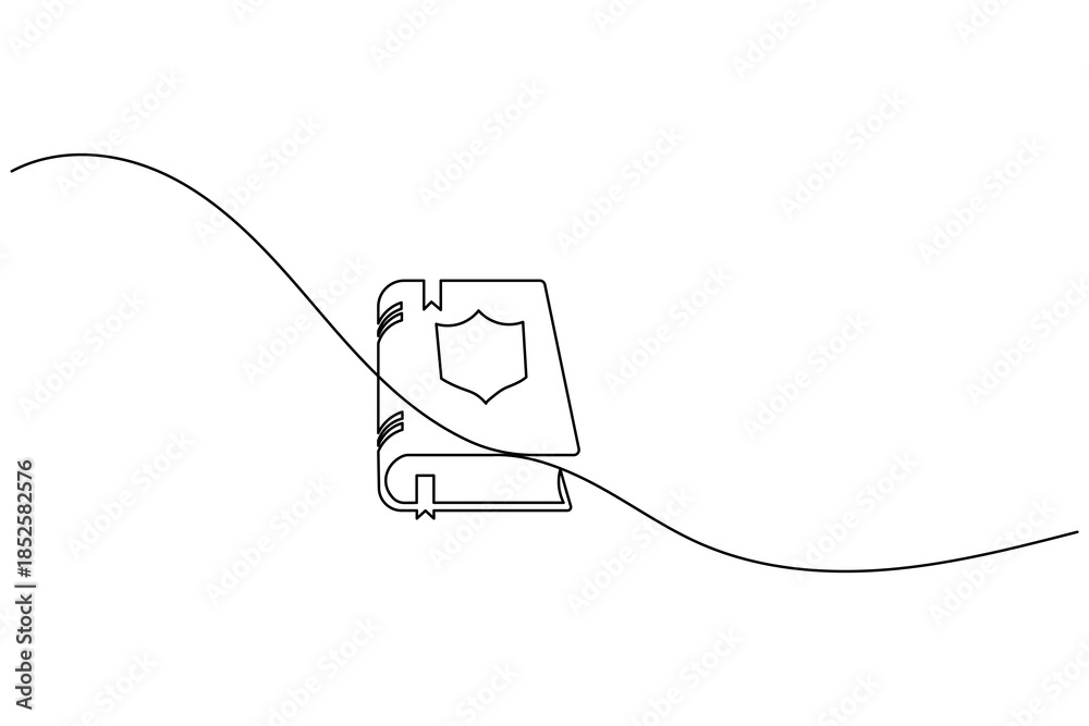 Obraz premium Continuous line drawing of a book with a shield icon for security and data protection concept