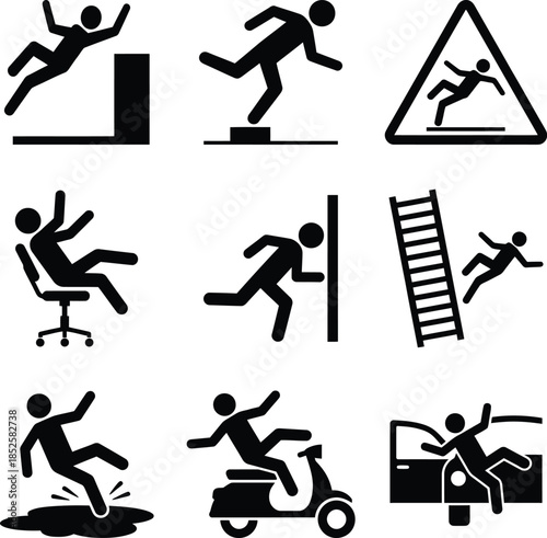 Collection of safety warning icons depicting various accident scenarios