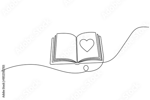 Single line drawing of an open book with a heart icon for romance and poetry concept