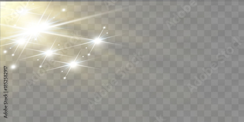 Bright golden sun flare with light rays. Realistic vector illustration of a glowing starburst effect on a transparent background. Ideal as a design element, photo overlay, or symbol of hope and innova