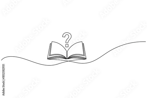 Continuous line drawing of a question mark over an open book for research and curiosity concept