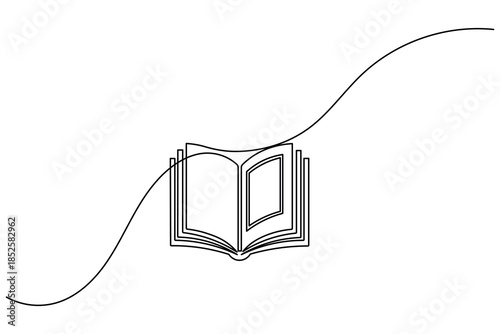 Continuous line drawing of a thick open book with many pages for encyclopedia and library concept