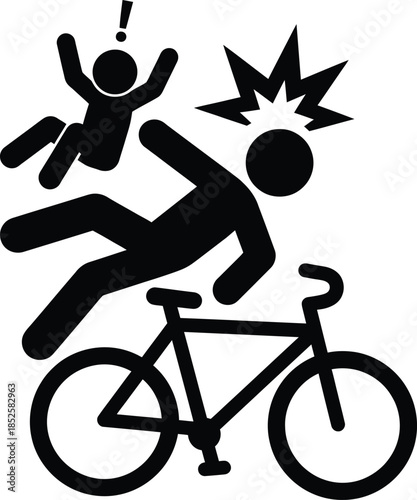 Cyclist in motion, with a rider falling off and an exclamation mark